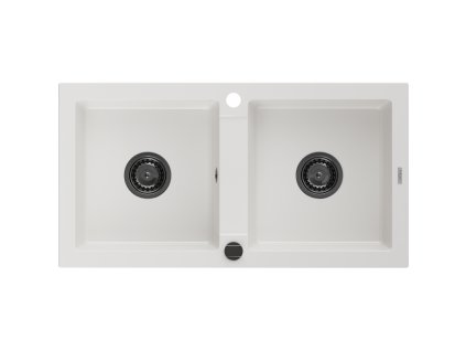 Granitový drez Mexen Mario s 2 misami, 820 x 436 mm, biely, čierny sifón - 6504822000-20-B