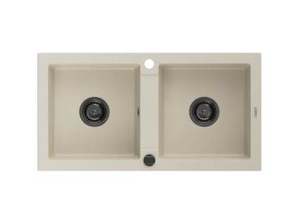 Granitový drez Mexen Mario s 2 misami, 820 x 436 mm, béžový, čierny sifón - 6504822000-69-B