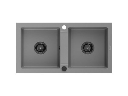 Granitový drez Mexen Mario s 2 misami, 820 x 436 mm, sivý, čierny sifón - 6504822000-71-B