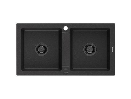 Granitový drez Mexen Mario s 2 misami, 820 x 436 mm, čierna/strieborná metalíza, čierny sifón - 6504822000-73-B