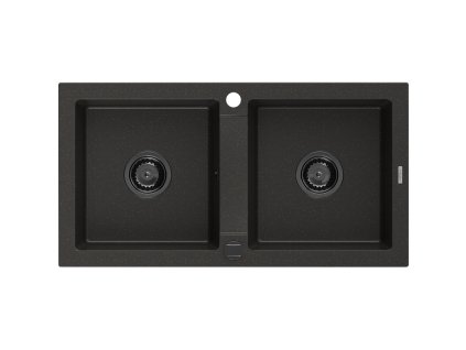 Granitový drez Mexen Mario s 2 misami, 820 x 436 mm, čierna/zlatá metalíza, čierny sifón - 6504822000-75-B