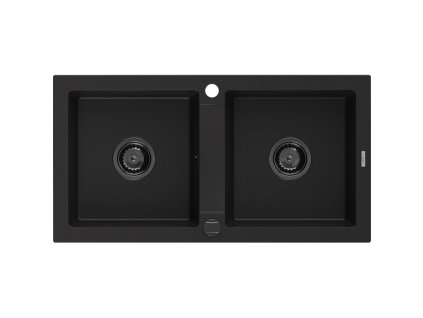 Granitový drez Mexen Mario s 2 misami, 820 x 436 mm, čierny, čierny sifón - 6504822000-77-B