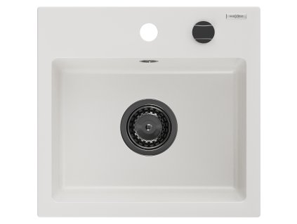Granitový drez Mexen Milo s 1 misou 435 x 410 mm, biely, čierny sifón - 6505441000-20-B