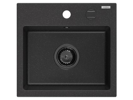 Granitový drez Mexen Milo s 1 misou 435 x 410 mm, čierna/strieborná metalíza, čierny sifón - 6505441000-73-B