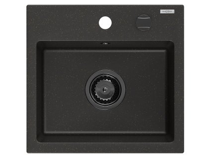Granitový drez Mexen Milo s 1 misou 435 x 410 mm, čierna/zlatá metalíza, čierny sifón - 6505441000-75-B