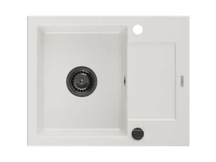 Granitový drez Mexen Enzo s 1 misou a odkapávačom 576 x 465 mm, biely, čierny sifón - 6506571005-20-B