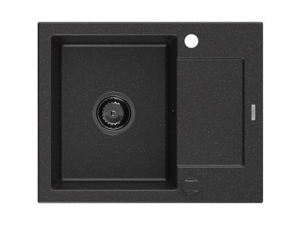 Granitový drez Mexen Enzo s 1 misou a odkapávačom 576 x 465 mm, čierna/strieborná metalíza, čierny sifón - 6506571005-73-B