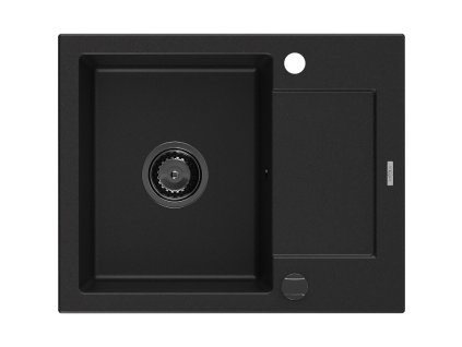 Granitový drez Mexen Enzo s 1 misou a odkapávačom 576 x 465 mm, čierny, čierny sifón - 6506571005-77-B