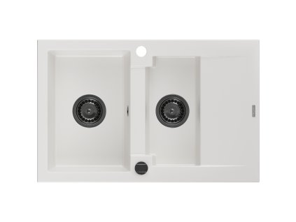 Granitový drez Mexen Gaspar s 1,5 miskou a odkapávačom 737 x 475 mm, biely, čierny sifón - 6507731505-20-B