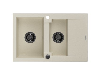 Granitový drez Mexen Gaspar s 1,5 miskou a odkapávačom 737 x 475 mm, béžový, čierny sifón - 6507731505-69-B