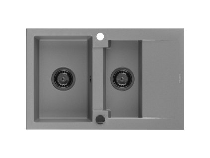 Granitový drez Mexen Gaspar s 1,5 miskou a odkapávačom 737 x 475 mm, sivý, čierny sifón - 6507731505-71-B