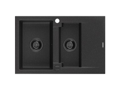 Mexen Gaspar 1,5-bowl granitový drez s odkapávačom 737 x 475 mm čierna/strieborná metalíza, čierny sifón - 6507731505-73-B