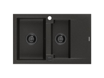 Granitový drez Mexen Gaspar s 1,5 miskou a odkapávačom 737 x 475 mm, čierna/zlatá metalíza, čierny sifón - 6507731505-75-B