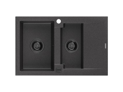 Granitový drez Mexen Gaspar s 1,5 miskou a odkapávačom 737 x 475 mm, čierny bodkovaný, čierny sifón - 6507731505-76-B