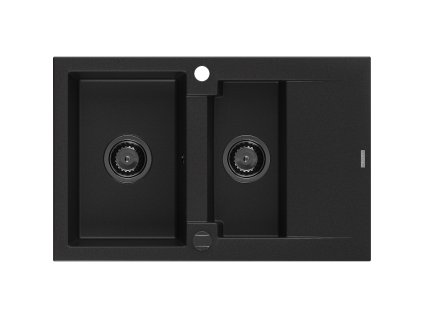 Granitový drez Mexen Gaspar s 1,5 miskou a odkapávačom 737 x 475 mm, čierny, čierny sifón - 6507731505-77-B