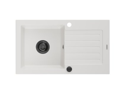 Mexen Pablo 1-komorový granitový drez s odkapávačom 752 x 436 mm, biely, čierny sifón - 6510751010-20-B
