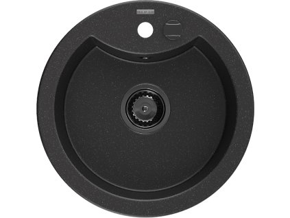 Granitový drez Mexen Diego s 1 umývadlom 488 x 480 mm, čierna/strieborná metalíza, čierny sifón - 6512481000-73-B