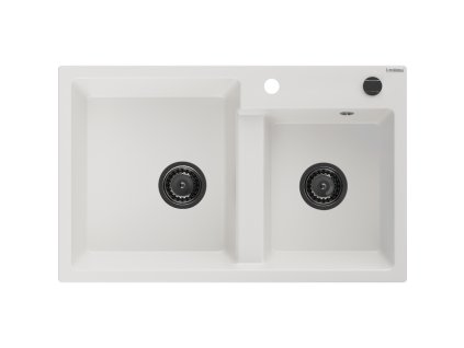 Mexen Tomas 2-komorový granitový drez 800 x 500 mm, biely, čierny sifón - 6516802000-20-B