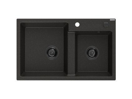 Granitový drez Mexen Tomas s 2 misami 800 x 500 mm, čierna/zlatá metalíza, čierny sifón - 6516802000-75-B