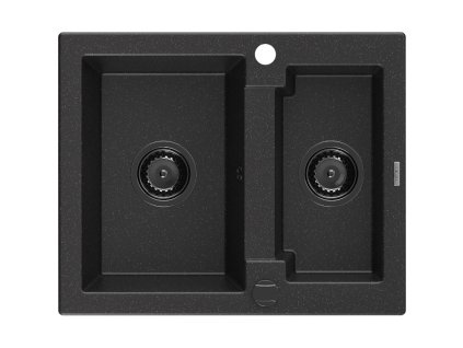 Granitový drez Mexen Carlos s 1,5 misky 582 x 475 mm, čierna/strieborná metalíza, čierny sifón - 6518581500-73-B