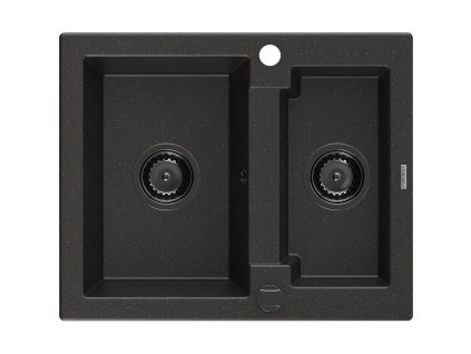 Granitový drez Mexen Carlos s 1,5 misky 582 x 475 mm, čierna/zlatá metalíza, čierny sifón - 6518581500-75-B