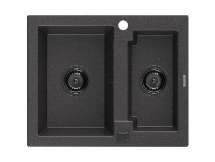 Granitový drez Mexen Carlos s 1,5 misky 582 x 475 mm, čierny bodkovaný, čierny sifón - 6518581500-76-B