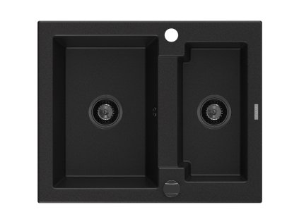 Granitový drez Mexen Carlos s 1,5 misky 582 x 475 mm, čierny, čierny sifón - 6518581500-77-B