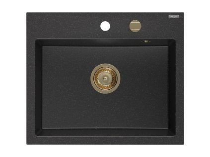 Granitový drez Mexen Oscar s 1 misou 580 x 490 mm, čierna/strieborná metalíza, zlatý sifón - 6519581000-73-G