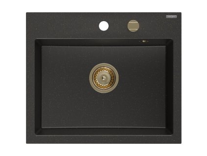 Granitový drez Mexen Oscar s 1 misou 580 x 490 mm, čierna/zlatá metalíza, zlatý sifón - 6519581000-75-G