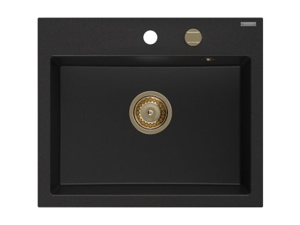 Granitový drez Mexen Oscar s 1 misou 580 x 490 mm, čierny, zlatý sifón - 6519581000-77-G