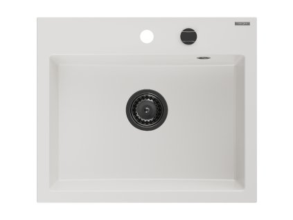 Granitový drez Mexen Oscar s 1 misou 580 x 490 mm, biely, čierny sifón - 6519581000-20-B