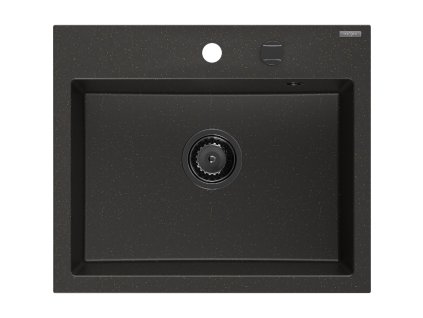 Granitový drez Mexen Oscar s 1 misou 580 x 490 mm, čierna/zlatá metalíza, čierny sifón - 6519581000-75-B