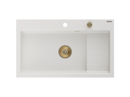 Granitový drez Mexen Omar s 1 misou 800 x 480 mm, biely, zlatý sifón - 6520801005-20-G