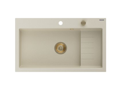 Granitový drez Mexen Omar s 1 misou 800 x 480 mm, béžový, zlatý sifón - 6520801005-69-G