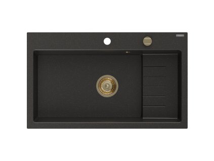 Granitový drez Mexen Omar s 1 misou 800 x 480 mm, čierna/zlatá metalíza, zlatý sifón - 6520801005-75-G