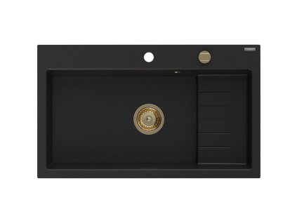 Granitový drez Mexen Omar s 1 misou 800 x 480 mm, čierny, zlatý sifón - 6520801005-77-G