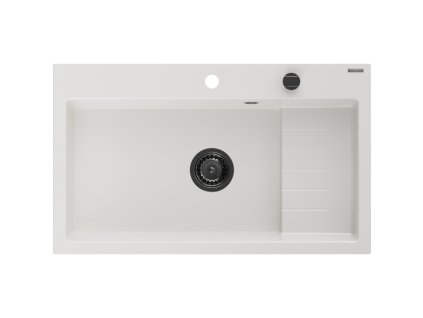 Granitový drez Mexen Omar s 1 misou 800 x 480 mm, biely, čierny sifón - 6520801005-20-B
