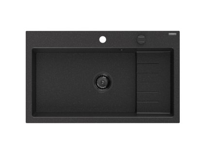 Granitový drez Mexen Omar s 1 umývadlom 800 x 480 mm, čierna/strieborná metalíza, čierny sifón - 6520801005-73-B