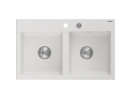 Mexen Hektor 2-komorový granitový drez 800 x 480 mm, biely, chrómový sifón - 6521802000-20