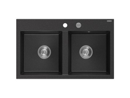 Granitový drez Mexen Hektor s 2 misami 800 x 480 mm, čierna/strieborná metalíza, chrómový sifón - 6521802000-73