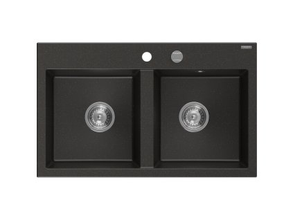 Granitový drez Mexen Hektor s 2 misami 800 x 480 mm, čierna/zlatá metalíza, chrómový sifón - 6521802000-75