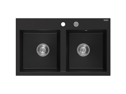 Mexen Hektor 2-komorový granitový drez 800 x 480 mm, čierny, chrómový sifón - 6521802000-77