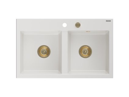 Mexen Hektor 2-komorový granitový drez 800 x 480 mm, biely, zlatý sifón - 6521802000-20-G