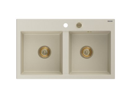 Mexen Hektor 2-komorový granitový drez 800 x 480 mm, béžový, zlatý sifón - 6521802000-69-G