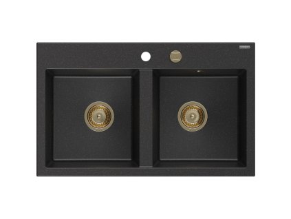 Granitový drez Mexen Hektor s 2 misami 800 x 480 mm, čierna/strieborná metalíza, zlatý sifón - 6521802000-73-G