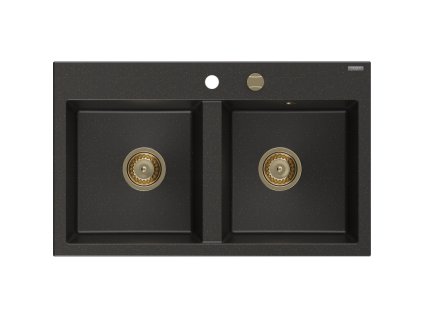 Granitový drez Mexen Hektor s 2 misami 800 x 480 mm, čierna/zlatá metalíza, zlatý sifón - 6521802000-75-G