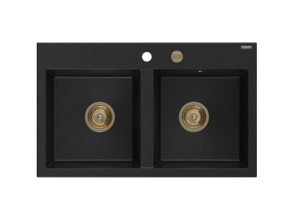 Granitový drez Mexen Hektor s 2 misami 800 x 480 mm, čierny, zlatý sifón - 6521802000-77-G