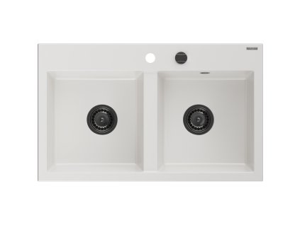 Mexen Hektor 2-komorový granitový drez 800 x 480 mm, biely, čierny sifón - 6521802000-20-B