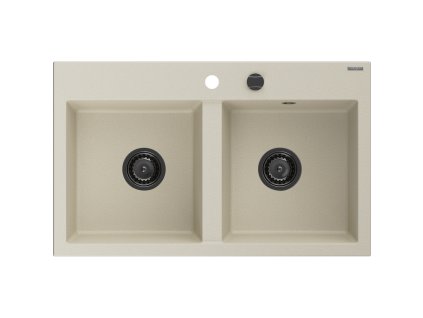 Mexen Hektor 2-komorový granitový drez 800 x 480 mm, béžový, čierny sifón - 6521802000-69-B