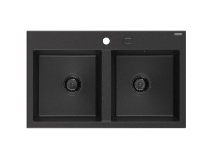 Granitový drez Mexen Hektor s 2 misami 800 x 480 mm, čierna/strieborná metalíza, čierny sifón - 6521802000-73-B